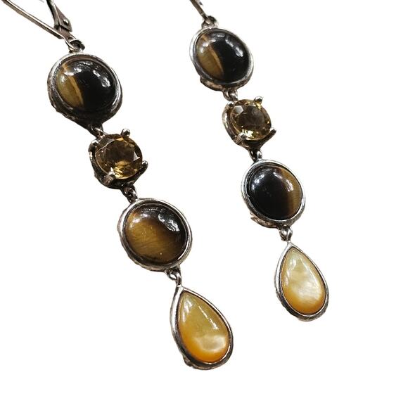 925 Sterling Silver Tone South African Tigers Eye Gemstone Drop Dangle Earrings - Picture 1 of 4